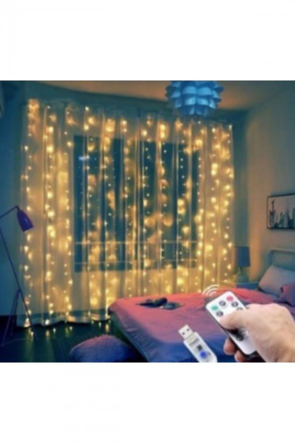8 Modlu 3 x 3  metre 300 Ledli Kumandalı  Günışığı Açık Sarı Renk Dekoratif Prizli Perde Led - 4