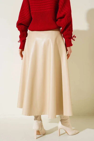 Kemerli Deri Etek Bej - 3