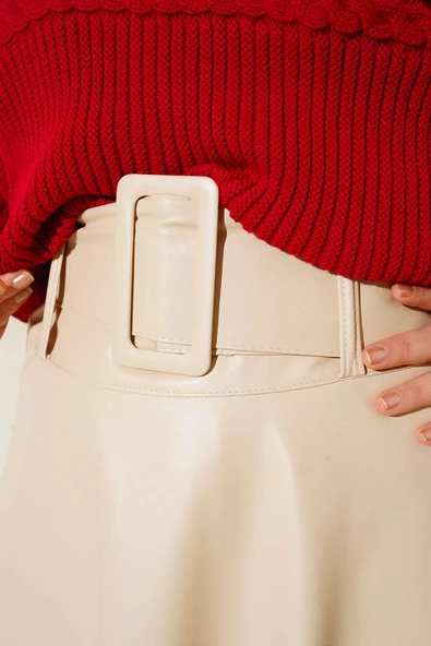 Kemerli Deri Etek Bej - 4