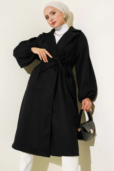 Bilekleri Lastikli Kaşe Kaban Siyah