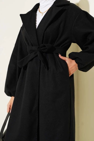 Bilekleri Lastikli Kaşe Kaban Siyah - 4