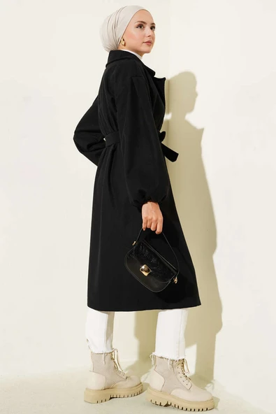 Bilekleri Lastikli Kaşe Kaban Siyah - 3