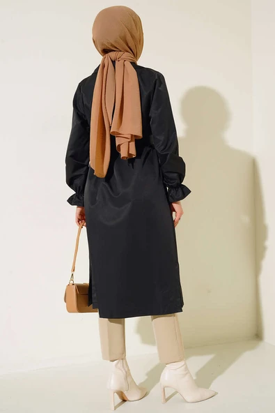 Bilekleri Lastikli Kuşaklı Trençkot Siyah - Resim 3