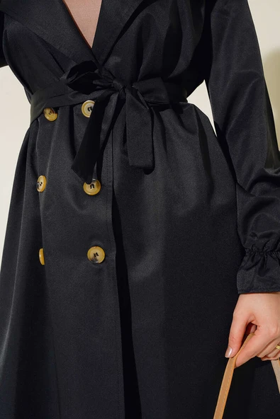 Bilekleri Lastikli Kuşaklı Trençkot Siyah - Resim 4