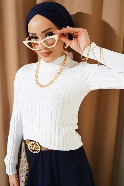 Fitilli Esnek Triko Kazak Beyaz ürün görseli 1