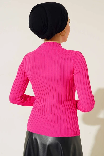 Fitilli Esnek Triko Kazak Fuşya - Resim 3