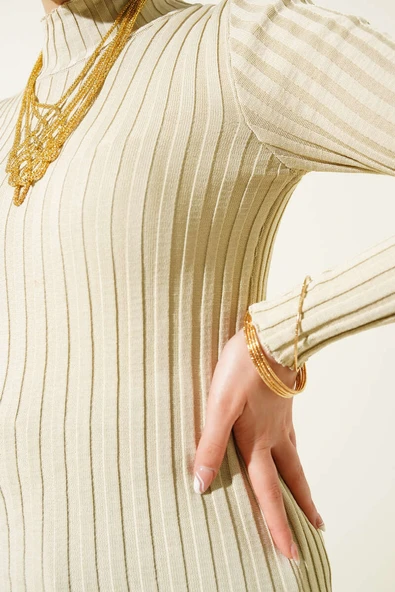 Fitilli Esnek Triko Kazak Bej - Resim 4