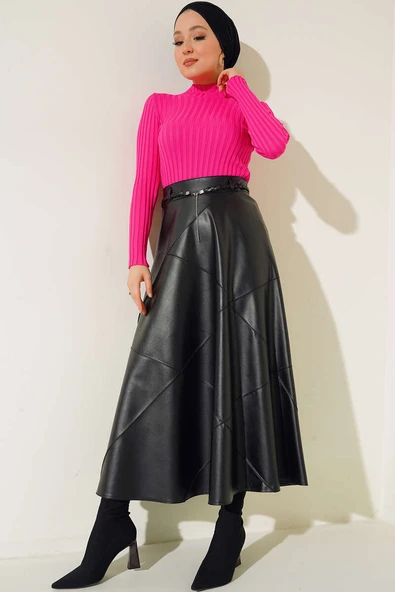 Fitilli Esnek Triko Kazak Fuşya - Resim 2