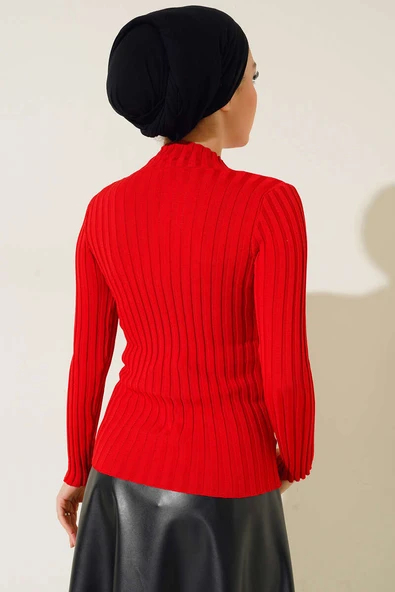 Fitilli Esnek Triko Kazak Kırmızı - Resim 3