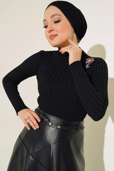 Fitilli Esnek Triko Kazak Siyah ürün görseli 1