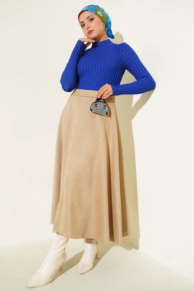 Fitilli Esnek Triko Kazak Saks - Resim 3