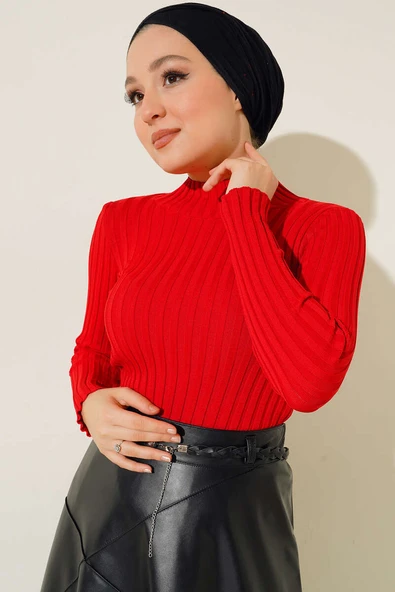 Fitilli Esnek Triko Kazak Kırmızı ürün görseli 1