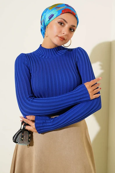 Fitilli Esnek Triko Kazak Saks ürün görseli