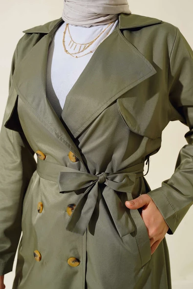 Sekiz Düğmeli Kuşaklı Trençkot Haki - 4