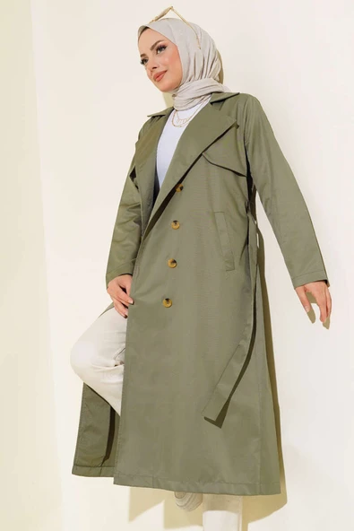 Sekiz Düğmeli Kuşaklı Trençkot Haki - 2