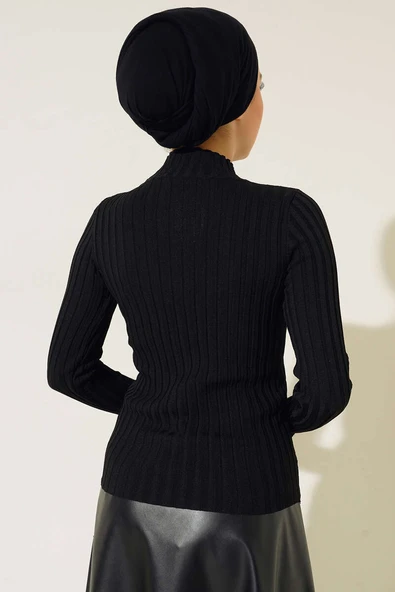 Fitilli Esnek Triko Kazak Siyah - Resim 3