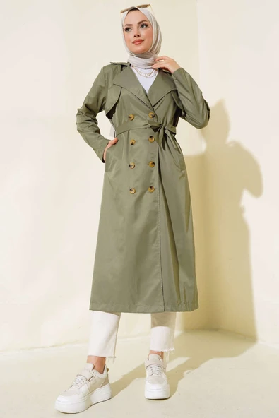 Sekiz Düğmeli Kuşaklı Trençkot Haki