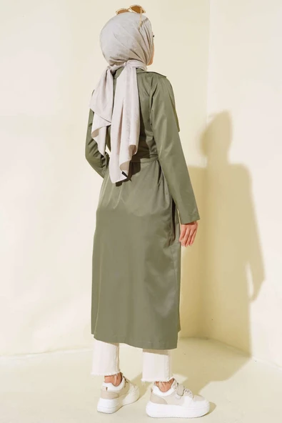 Sekiz Düğmeli Kuşaklı Trençkot Haki - 3