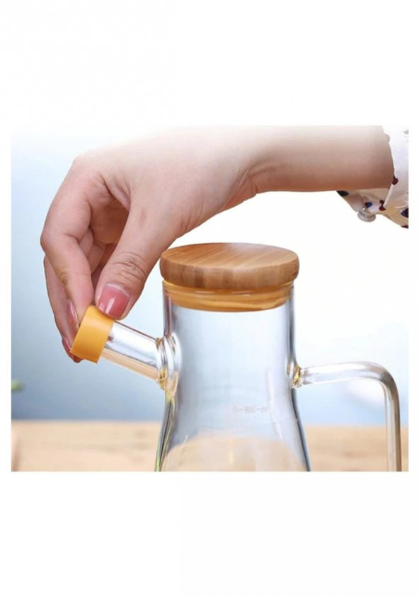 2x900 ML Standlı Cam Yağlık Seti Sütlük Sosluk Vakumlu Bambu Kapaklı Borosilikat - 4