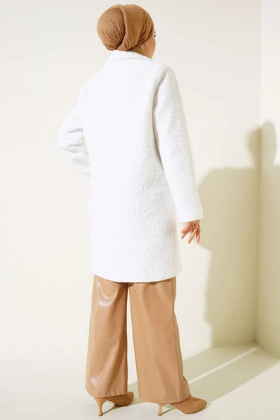 Tek Düğmeli Buklet Kaban Beyaz - 3