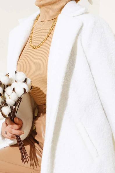 Tek Düğmeli Buklet Kaban Beyaz - 4