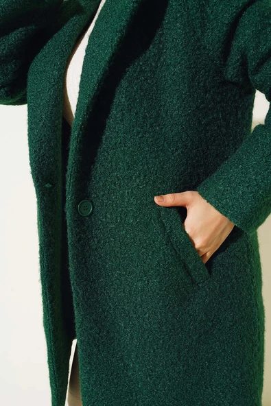 Tek Düğmeli Buklet Kaban Zümrüt Yeşil - Resim 2