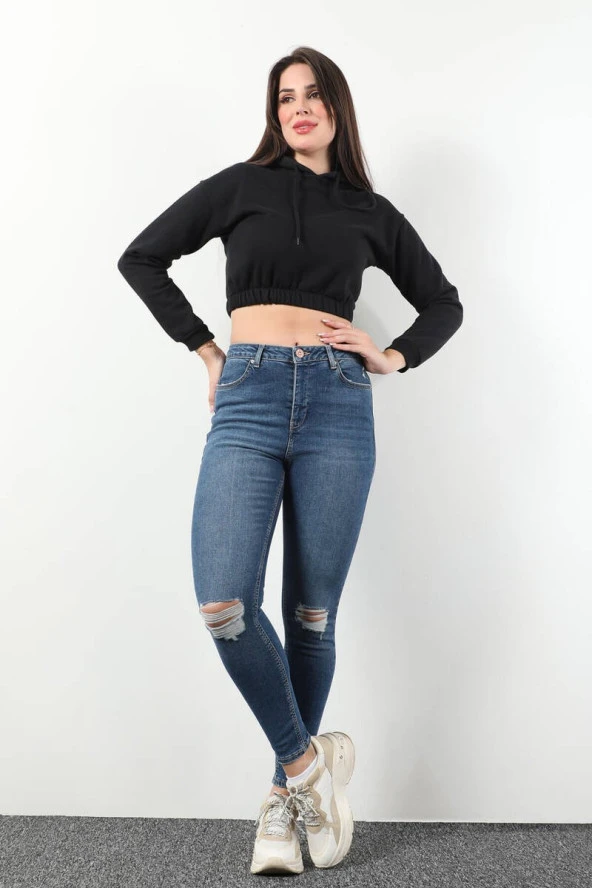 Kadın Skinny Fit Dizi Yırtık Likralı Jean Pantolon Mavi