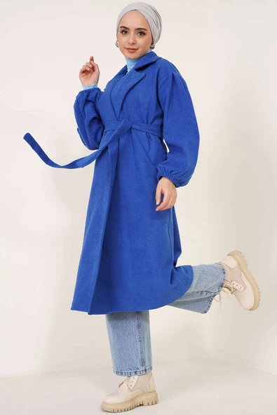 Bilekleri Lastikli Kaşe Kaban Saks - Resim 2