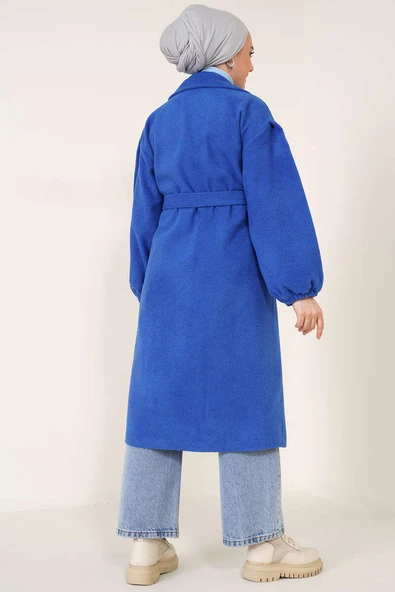 Bilekleri Lastikli Kaşe Kaban Saks - Resim 3