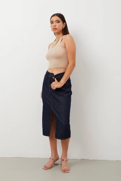 Kadın Yırtmaçlı Midi Jean Etek - 2