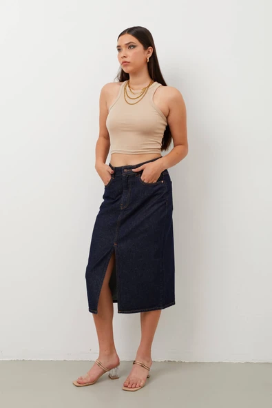 Kadın Yırtmaçlı Midi Jean Etek - 4