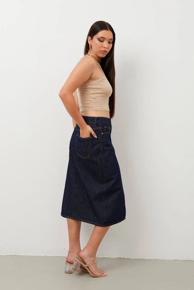 Kadın Yırtmaçlı Midi Jean Etek - 6