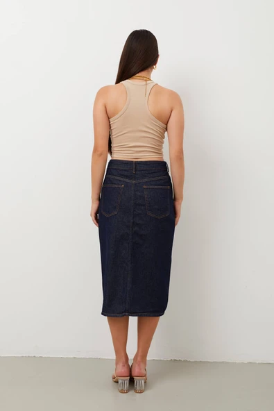 Kadın Yırtmaçlı Midi Jean Etek - 7