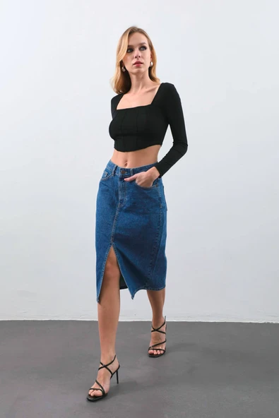 Kadın Yırtmaçlı Midi Jean Etek - 11