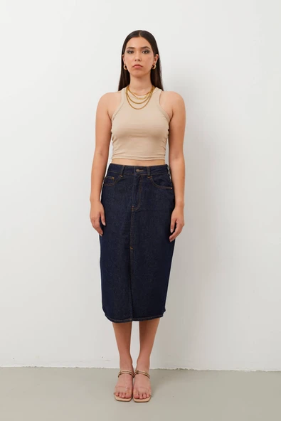 Kadın Yırtmaçlı Midi Jean Etek - 5