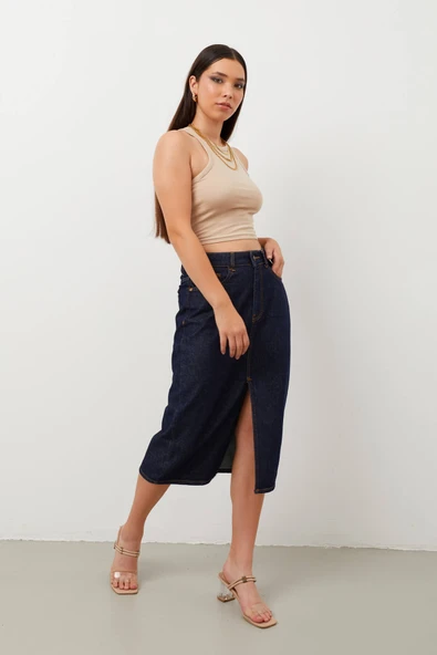 Kadın Yırtmaçlı Midi Jean Etek - 3