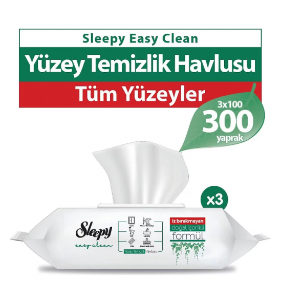 Sleepy Easy Clean Beyaz Sabun Katkılı Yüzey Temizlik Havlusu 100 Yaprak 3'lü