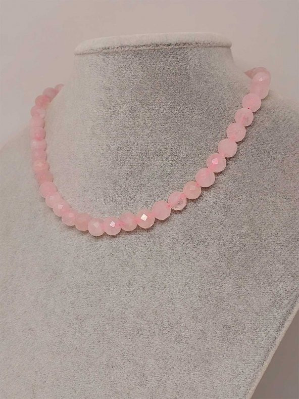 Pembe Kuvars Taşı Faset Kesim Kolye 8mm (Sabit Klipsli) - 2