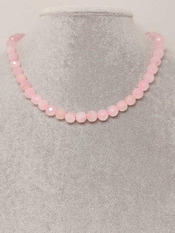 Pembe Kuvars Taşı Faset Kesim Kolye 8mm (Sabit Klipsli) - 3