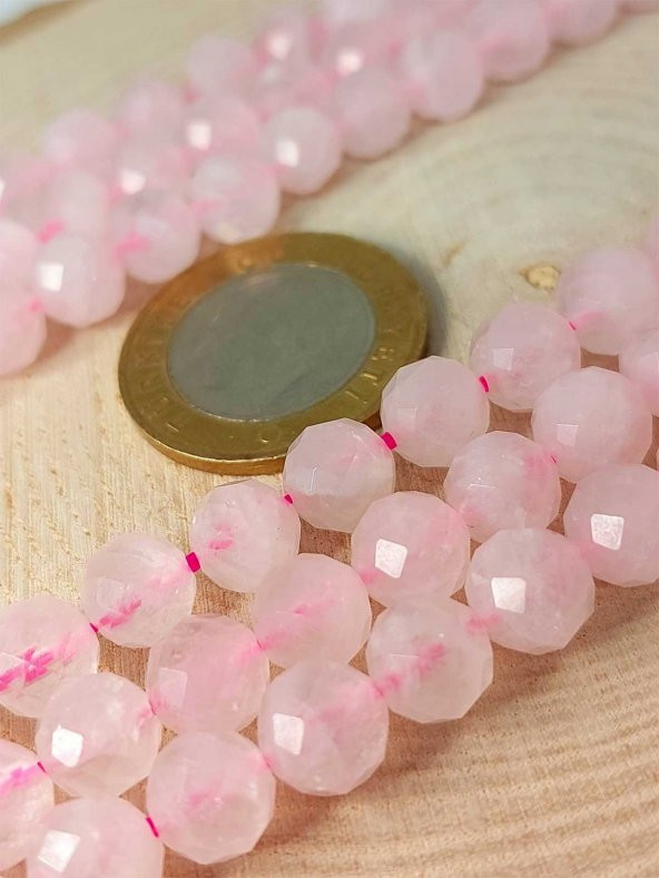 Pembe Kuvars Taşı Faset Kesim Kolye 8mm (Sabit Klipsli) - 4