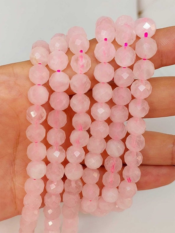 Pembe Kuvars Taşı Faset Kesim Kolye 8mm (Sabit Klipsli) - 5