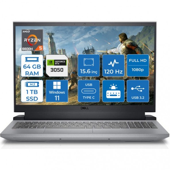 Dell Gaming G15 5525 AMD Ryzen 5 6600H 64GB 1TB SSD 4GB RTX3050 Windows 11 Home 15.6'' FHD Taşınabilir Bilgisayar