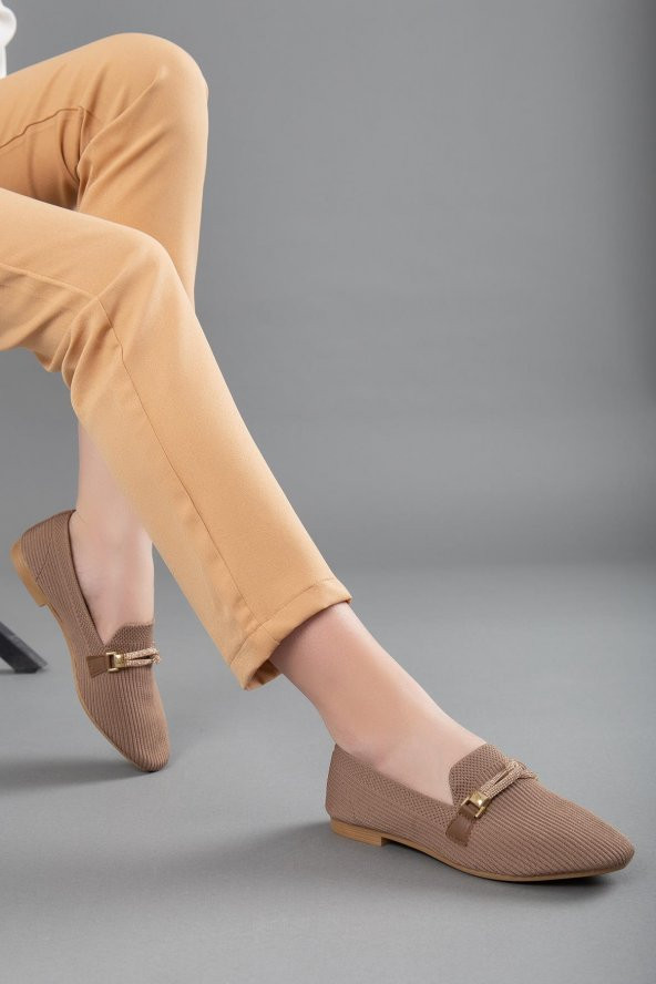 Triko Taşlı Yuvarlak Burunlu Vizon Kadın Babet ürün görseli