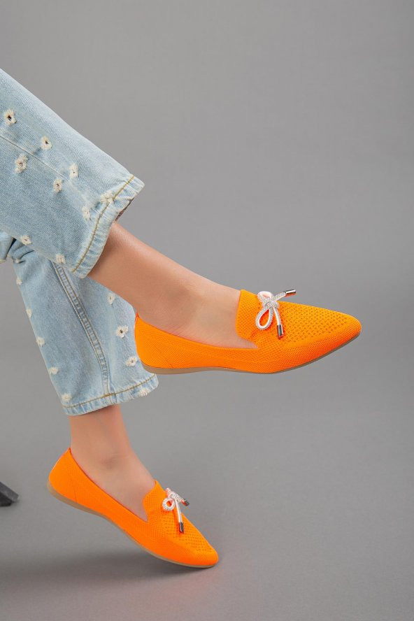 Triko Taş Detaylı Sivri Burun Turuncu Kadın Babet ürün görseli