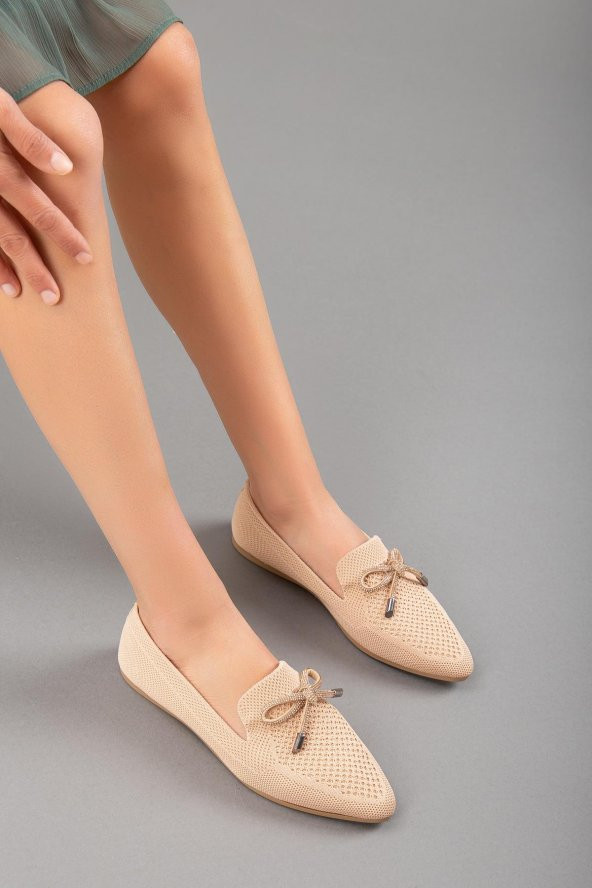 Triko Taş Detaylı Sivri Burun Nude Kadın Babet ürün görseli