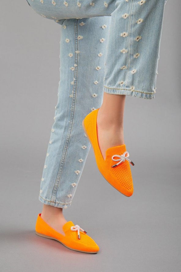 Triko Taş Detaylı Sivri Burun Turuncu Kadın Babet - Resim 2