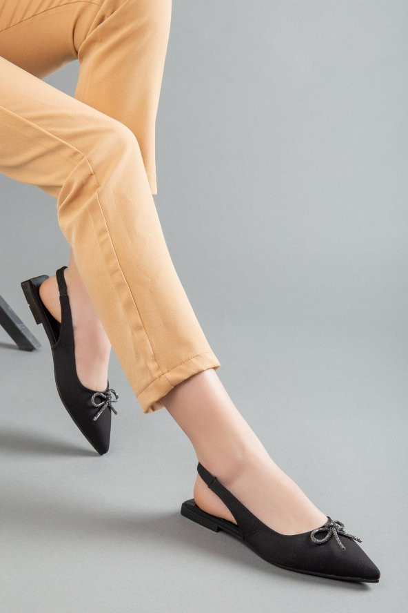 Saten Taşlı Arka Açık Düz Taban Siyah Kadın Babet - Resim 2