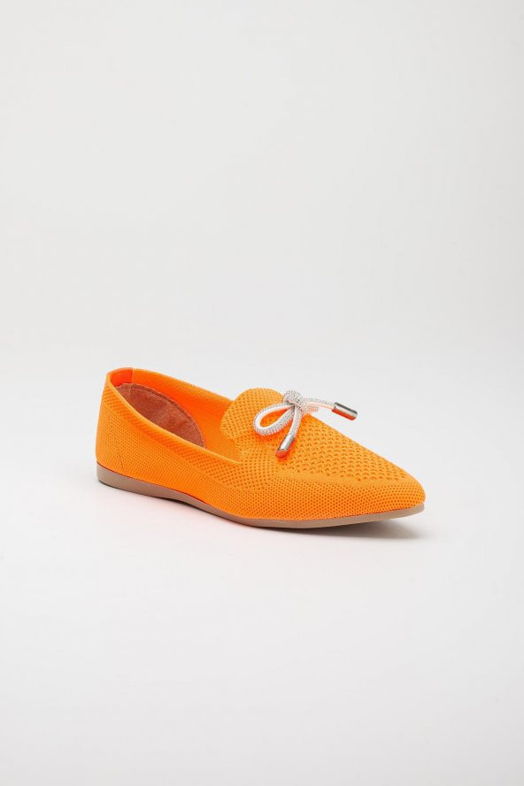 Triko Taş Detaylı Sivri Burun Turuncu Kadın Babet - Resim 4