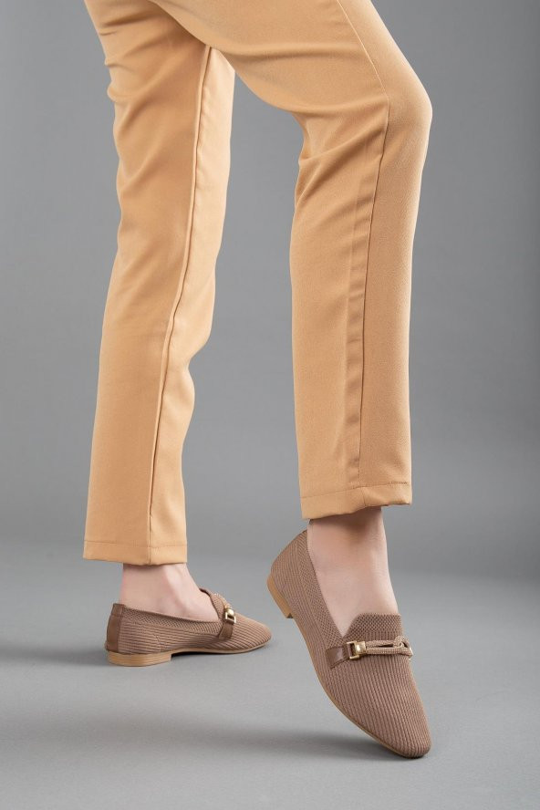 Triko Taşlı Yuvarlak Burunlu Vizon Kadın Babet - Resim 2