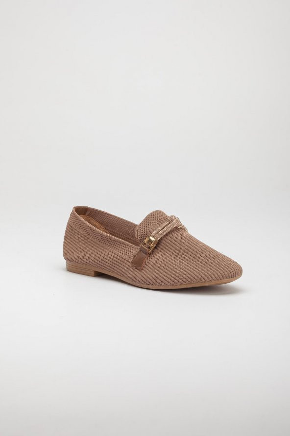 Triko Taşlı Yuvarlak Burunlu Vizon Kadın Babet - Resim 4